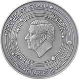 Ghana 2024 10 Cedis MOON Solar System 2 oz Antique Silver  Coin Stand  & Removable Labradorite  Planet Moon