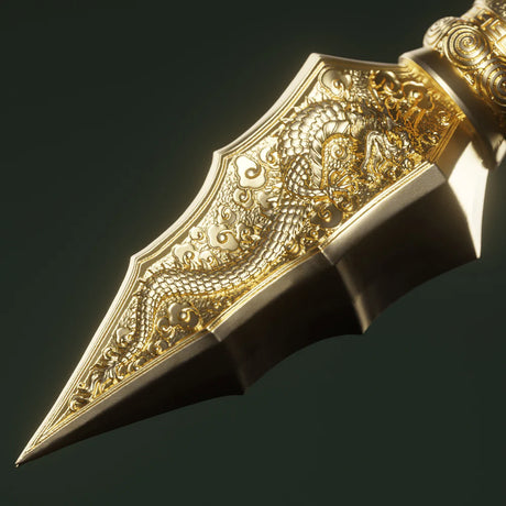 Decorative gold knife blade with intricate patterns on a dark background