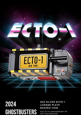 Niue 2024 $5 Ghostbusters™  Ecto-1 License Plate Shaped 2 oz .999 Silver Antiqued Coloured Coin