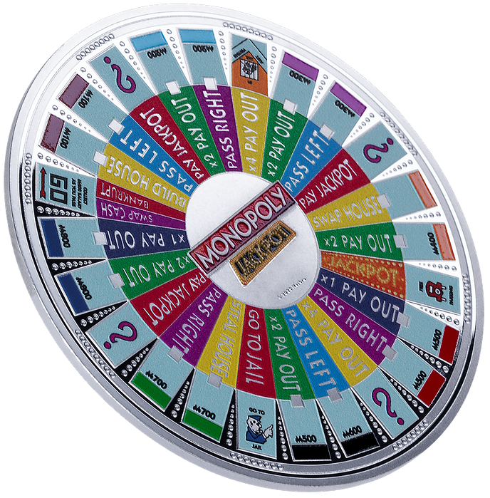 Colorful Monopoly spinner with various game actions on a white background