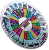 Colorful Monopoly spinner with various game actions on a white background
