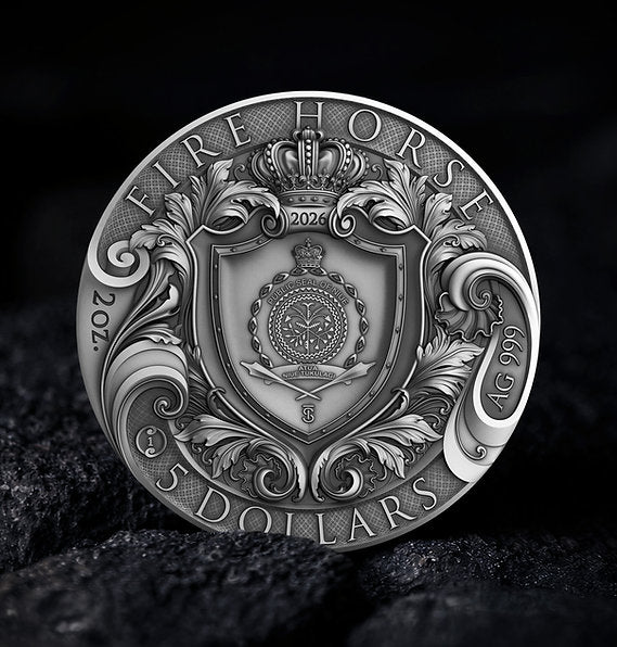 Silver coin with intricate design and text on a dark background