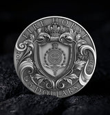 Silver coin with intricate design and text on a dark background