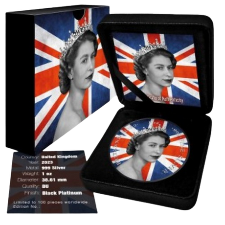 United Kingdom 2023 £2 Queen Elizabeth II Britannia Flag 1 oz Colourised .999 Silver 100 made