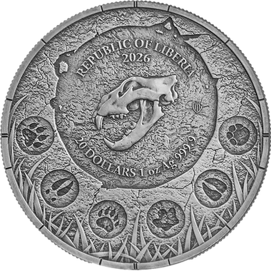 Silver coin with a tiger skull design and 'Republic of Liberia' text, featuring the year 2026.