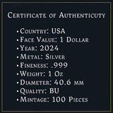 USA 2024  $1 UKRAINE Sunset War Walking Liberty 1 Oz .999 Silver Coin 100 Made Certificate