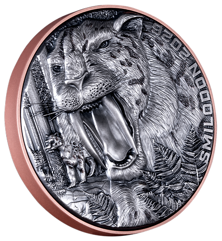Silver coin with a leopard design on a white background