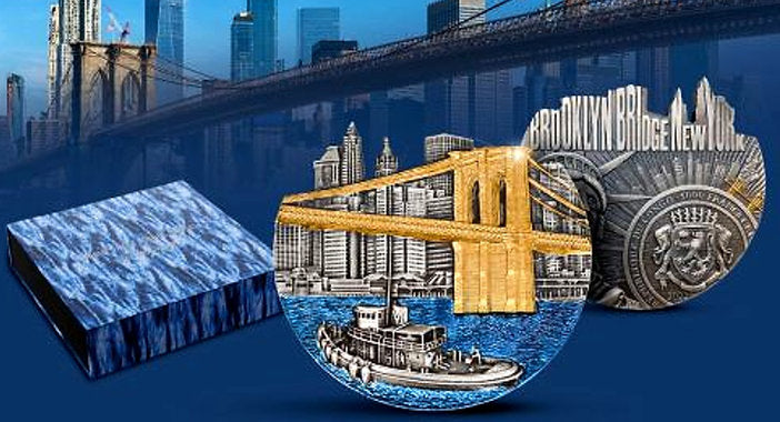 Brooklyn Bridge New York coin with cityscape background