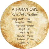 Niue 2020 $2 Ornamental Athenian Owl 1 Oz Silver Coin Swarovski Crystals
