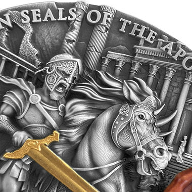 Niue 2025 $7 RED HORSE of VICTORY Seven Seals of the Apocalypse 3 Oz .999 Coloured and Gilded Antique Silver Coin