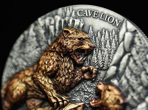Coin featuring a cave lion with detailed design on a dark background