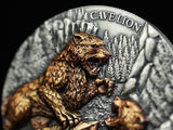 Coin featuring a cave lion with detailed design on a dark background