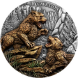 Coin with a design of two cave lions roaring, set against a mountainous background