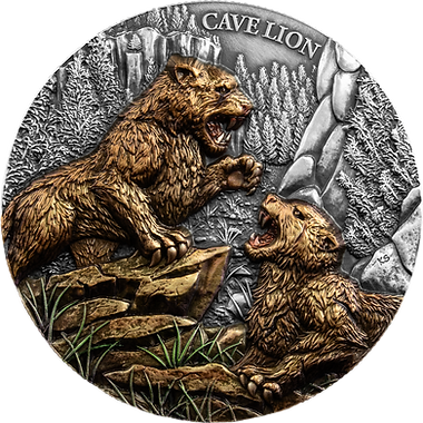 Coin with a design of two cave lions roaring, set against a mountainous background