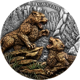Coin with a design of two cave lions roaring, set against a mountainous background