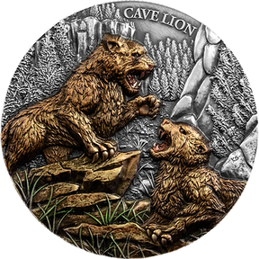 Coin with a design of two cave lions roaring, set against a mountainous background