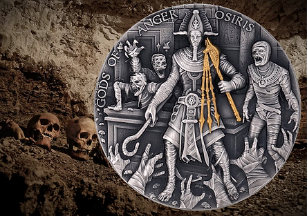 Niue 2023 $5 OSIRIS Gods of Anger 2oz High Relief Gilded .999 Antiqued Silver