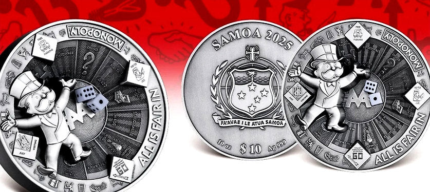 Three silver coins with different designs on a red and white background