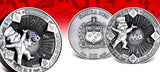 Three silver coins with different designs on a red and white background