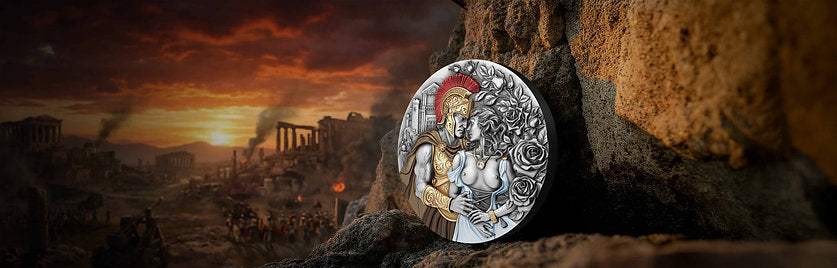 Silver coin with warrior design on a rocky outcrop with ancient ruins in the background page banner - FORTYMILLION