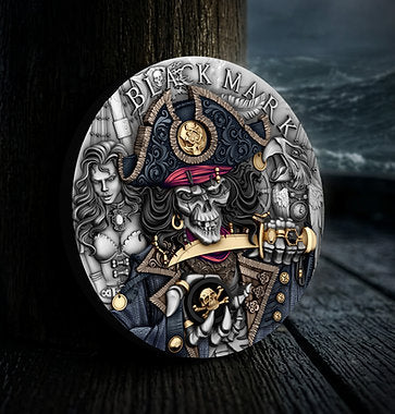Decorative coin with intricate designs and 'Black Mask' branding on a dark background