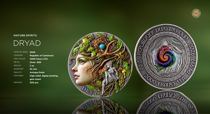 Cameroon 2026 2000 Francs DRYAD- Nature Spirits - 2 oz Antique finish .999 Silver Coin