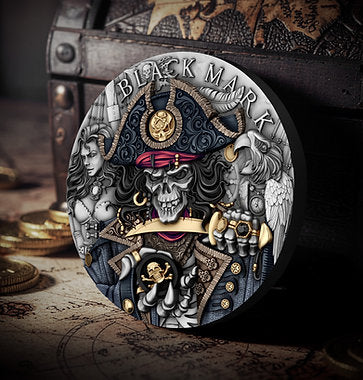 Decorative coin with intricate designs and 'Black Mark' branding, set against a vintage treasure chest and map background.
