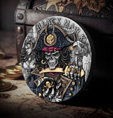 Decorative coin with intricate designs and 'Black Mark' branding, set against a vintage treasure chest and map background.