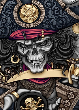 Decorative design with a skull wearing a red pirate hat and gold accents.
