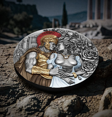 Decorative coin with classical design of a warrior and a woman on a textured surface.