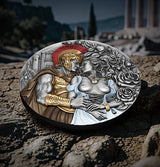 Decorative coin with classical design of a warrior and a woman on a textured surface.