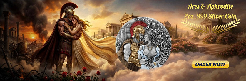Advertisement for a silver coin featuring Ares and Aphrodite with a classical scene in the background.