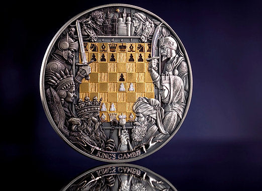 Decorative coin with intricate designs and a chessboard pattern on a dark background
