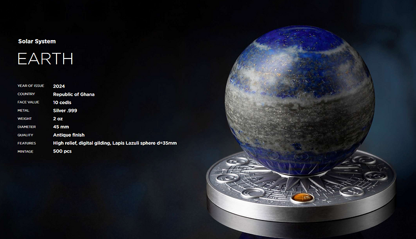 Ghana 2024 10 Cedis EARTH Solar System 2 oz Antique  Silver Coin Stand & Removable Lapis Lazuli Planet Earth
