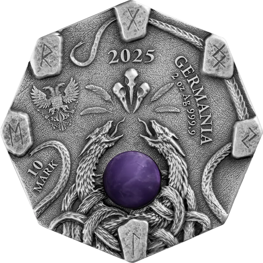 Germania 2025 10 Mark Witchcraft Herbalist 2oz Silver  .999  Octagonal Ultra High Relief Coin, Aventurine and UV Effect