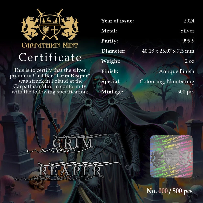 2024 Grim Reaper - 2 oz 999.9 Silver Cast Bar Antique Finish Carpathian Mint