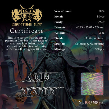 2024 Grim Reaper - 2 oz 999.9 Silver Cast Bar Antique Finish Carpathian Mint