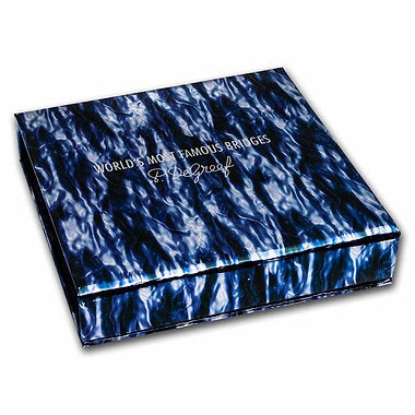 Blue marbled book with 'World's Most Famous Bridges' text on a white background