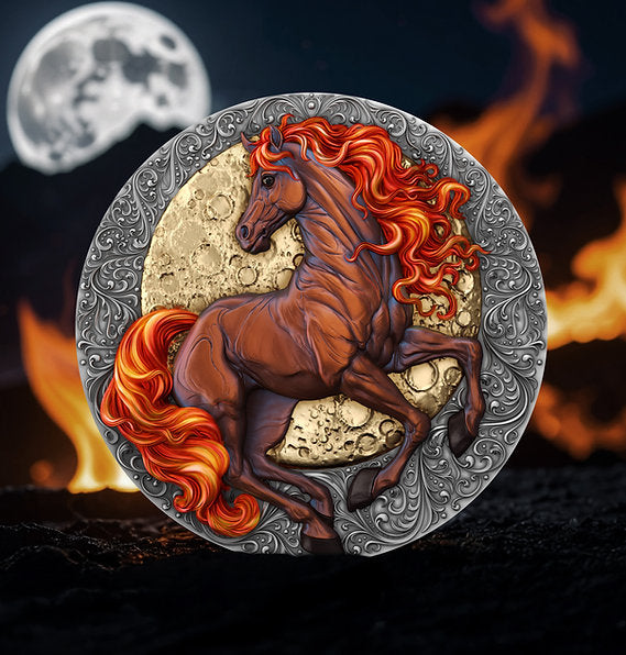 Decorative coin with a horse design against a fiery and moonlit background