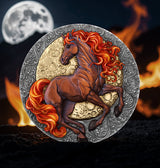 Decorative coin with a horse design against a fiery and moonlit background