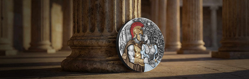 Decorative silver medallion with classical design on a stone surface with columns in the background page banner - FORTYMILLION