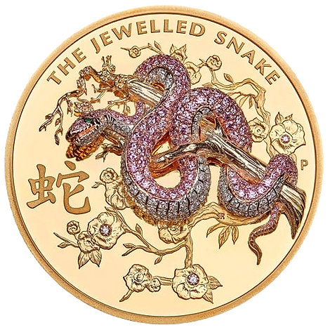Australia 2025 $2500 The Jewelled Snake Masterpieces Series 10oz gold proof coin by The Perth Mint. The reverse shows a 3D 18-carat gold snake pavé-set with rare Argyle Pink Diamonds™ and white diamonds on a polished gold background.