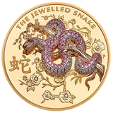 Australia 2025 $2500 The Jewelled Snake Masterpieces Series 10oz gold proof coin by The Perth Mint. The reverse shows a 3D 18-carat gold snake pavé-set with rare Argyle Pink Diamonds™ and white diamonds on a polished gold background.