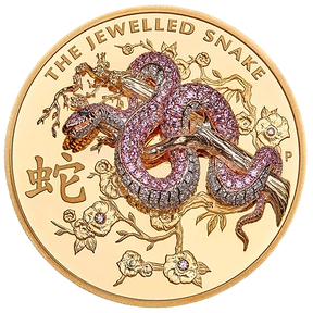 Australia 2025 $2500 The Jewelled Snake Masterpieces Series 10oz gold proof coin by The Perth Mint. The reverse shows a 3D 18-carat gold snake pavé-set with rare Argyle Pink Diamonds™ and white diamonds on a polished gold background.