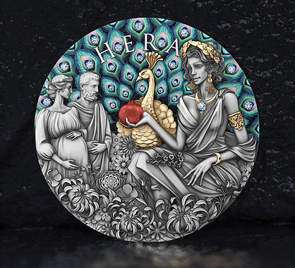 Niue 2025 $5 HERA - Divine Beauty Series - 2 Oz .999 Silver Coin with 23 x Aquamarine embedded Crystals