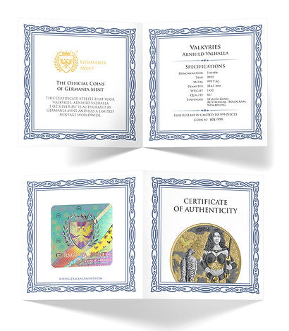 Germania 2025 5 Mark VALKYRIES: ARNHILD VALHALLA 1oz High Relief .9999 Silver Black and Gold