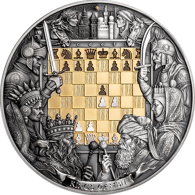 Decorative coin with chess pieces and figures on a checkered background