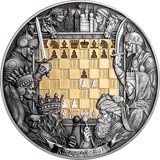 Decorative coin with chess pieces and figures on a checkered background
