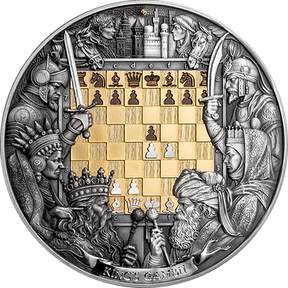 Decorative coin with chess pieces and figures on a checkered background