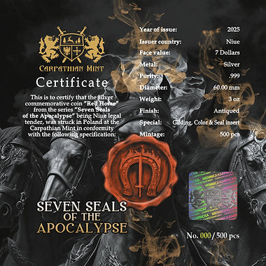 Niue 2025 $7 RED HORSE of VICTORY Seven Seals of the Apocalypse 3 Oz .999 Coloured and Gilded Antique Silver Coin